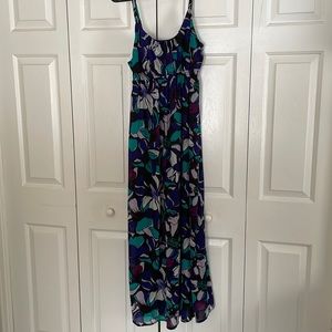 Purple, teal and black flower print full length spaghetti strap dress